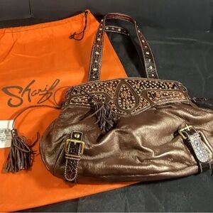 bronze leather Sharif Studio embellished shoulder handbag with fringe